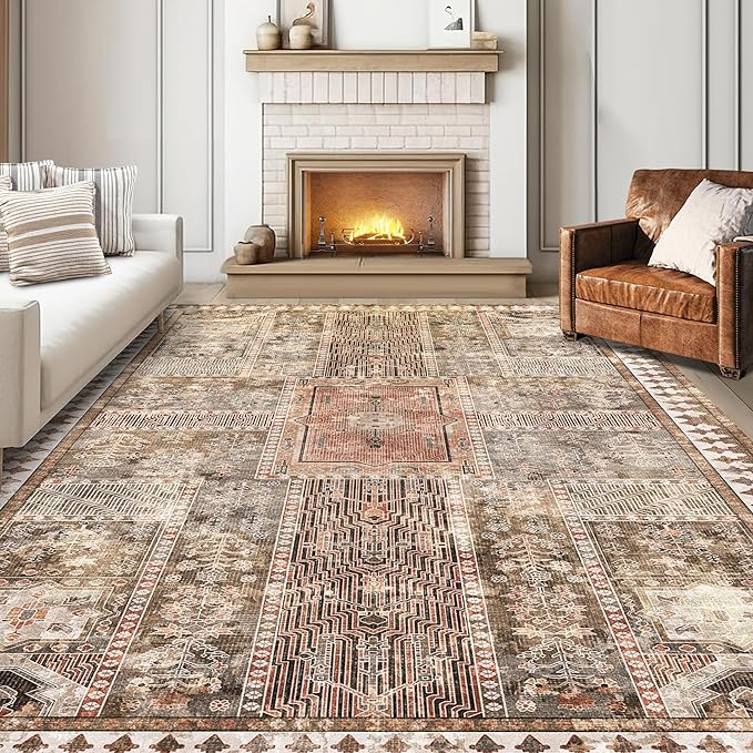 Vintage 6' x 9' Washable Area Rug - Stylish Indoor Rug for Living, Dining or Bedroom - Lightweight Carpet with Non-Slip Backing - Foldable for Easy Placement and Maintenance - Ivory
