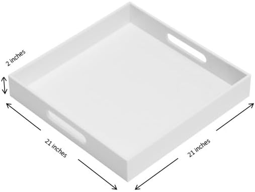 Glossy White 21"X21"X2" Decorative Tray Extra Large Sturdy Acrylic Serving Tray with Handles Countertop Organizer Tray for Ottoman Kitchen Bathroom Office Bar Decorative Tray