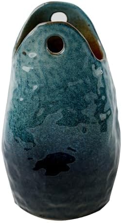 Rustic Pottery Ceramic Vase - Vintage Farmhouse Style Decor, White Grid Ceramic Vases for Home Decor, Modern Farmhouse Decor (Blue)