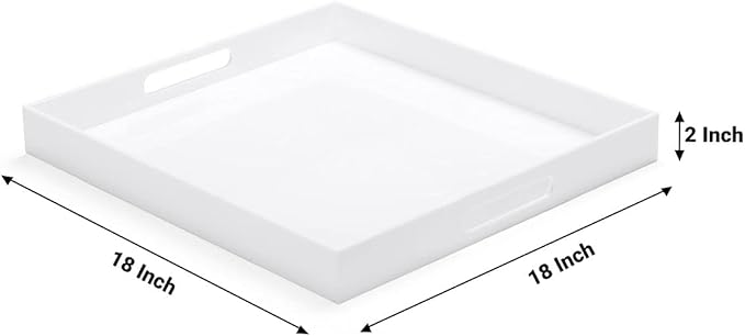 White Acrylic Large Ottoman Tray with Handles 18"x18"x2" Spill Proof Serving Tray Rubber Boot Organizer Tray Decorative for Living Room Bedroom Kitchen Entryway Coffee Table Countertop
