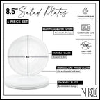 Vikko Lunch Plates, Set of 4 White Alabaster Plates, 8.5" Plate with Marbelized, Swirl Design, Elegant Glass Entrée Plate, Dishwasher Safe