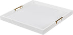 20x20 Inches Large White Faux Leather Wrapped Wood Ottoman Tray with Handles for All Occasions, Serving Food Breakfast on Bed, Home Decor Decorative, Living Room,Square Coffee Table Organizer