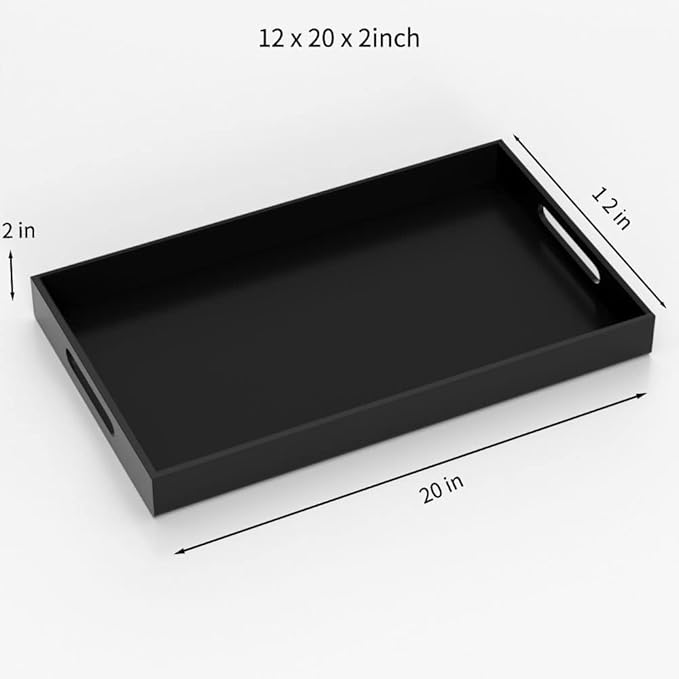 NIUBEE Acrylic Serving Tray 12x20 Inches -Spill Proof- Black Decorative Tray Organiser for Ottoman Coffee Table Countertop with Handles