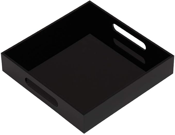 Glossy Black Sturdy Acrylic Serving Tray with Handles-10x10Inch-Serving Coffee,Food,Breakfast,Butler-Kitchen Countertop Tray-Makeup Drawer Organizer-Vanity Table,Ottoman Tray-Decorative Tray