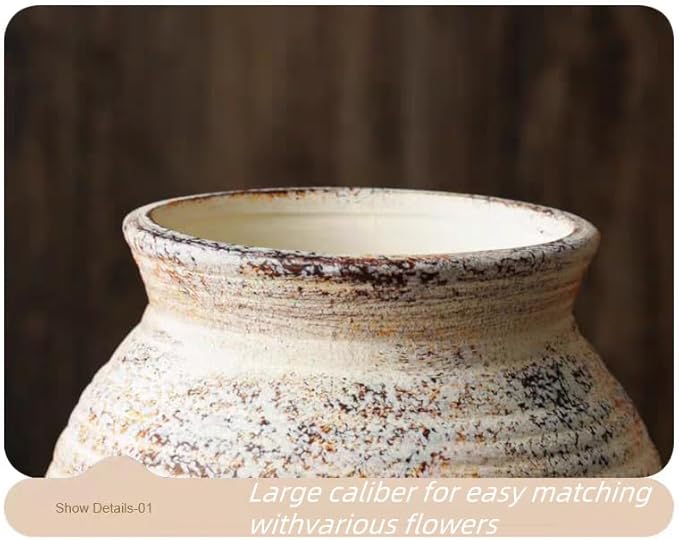 Rustic Vintage Ceramic Vases ，White Terracotta Decorative Flower Boho Vintage Wide-Mouth Vase for Living Room Bedroom Kitchen Office Decor Centerpiece Table Decorations 5.71Inch