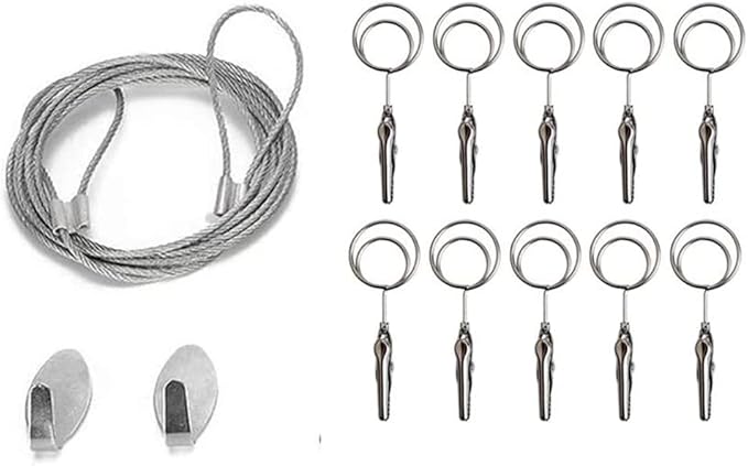 Multi-Purpose Steel Wall Hanging Photo Display Cable Wire Rod with 12 Adjustable Clips for Hanging Photos Notes Postcard and Artworks (Round)