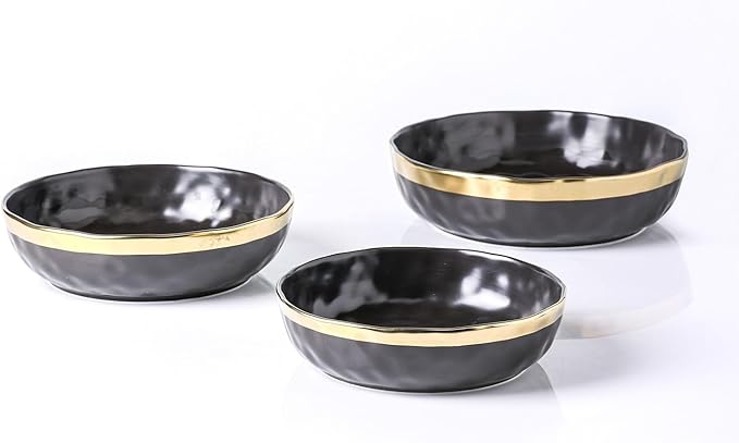 Stone Lain Florian Porcelain 3-Piece Round Shallow Bowl Service Set, Black with Gold Rim