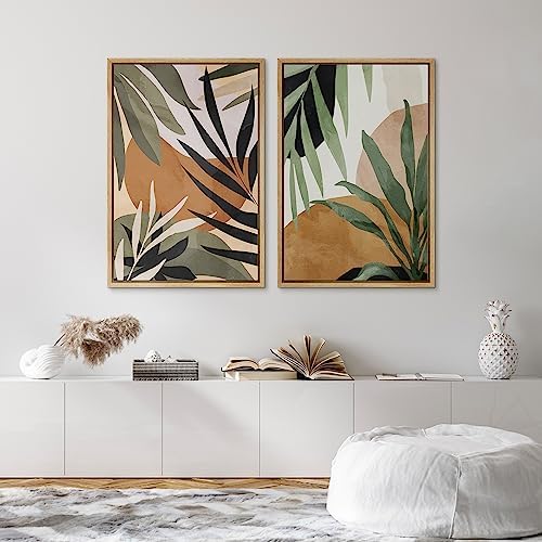 SIGNFORD Framed Canvas Print Wall Art Set Tropical Island Palm Leaf Geometric Collage Abstract Nature Illustrations Modern Art Decorative Minimalist Floral Botanical for Bedroom - 24"x36"x2 Natural