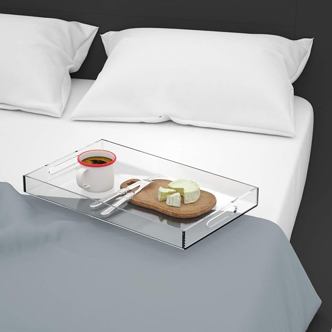 NIUBEE Acrylic Serving Tray 14x18 Inches -Spill Proof- Clear Decorative Tray Organiser for Ottoman Coffee Table Countertop with Handles