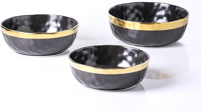 Stone Lain Florian Porcelain 3-Piece Round Bowl Service Set, Black with Gold Rim