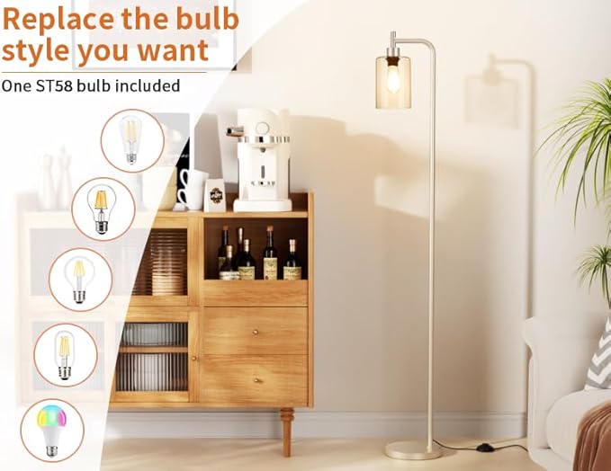 Floor Lamps for Living Room - Industrial Standing Lamp with Glass Shade, Modern Gold Floor Lamp with LED Bulb, Tall Lamp for Bedroom Office - Light Gold