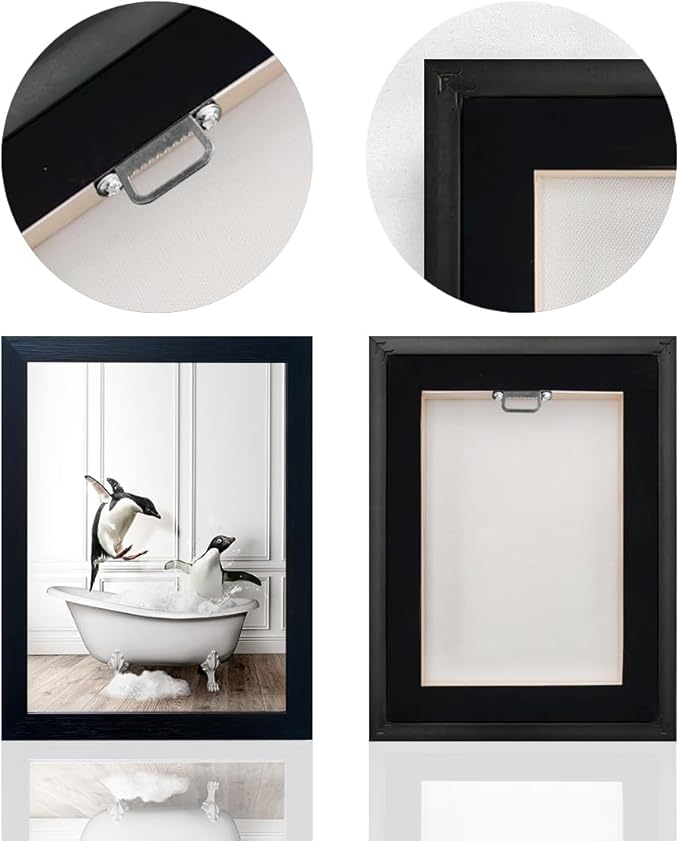 Kids Bathroom Wall Art Framed Black and White Animal Wall Art Cute Penguins in Bathtub Wall Decor Funny Farmhouse Print Pictures Painting for Bathroom