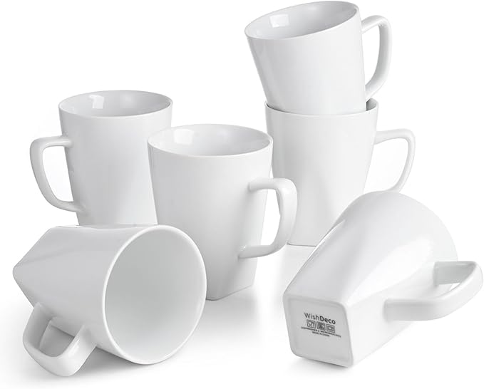 White Coffee Mugs Set of 6, Ceramic Coffee Cups 14 oz, Modern Tea Mugs, Porcelain Tea Cups, Large Mug for Latte, Cappuccino, Milk, Juice, Cocoa, Square Bottom, Microwave and Dishwasher Safe