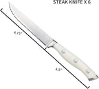 Alata 6-Piece White Steak Knives Set, Stainless Steel Steak Knife set with Serrated Edge, Razor-Sharp, Full-Tang Construction, Dishwasher Safe
