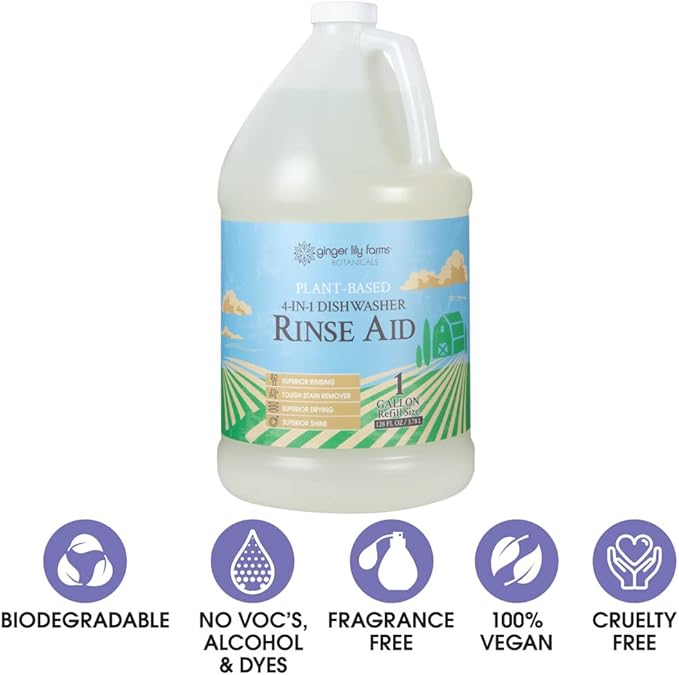 Ginger Lily Farms Botanicals Plant-Based 4-In-1 Dishwasher Rinse Aid, 100% Vegan & Cruelty-Free, Fragrance-Free, 1 Gallon (128 fl oz) Refill, 128.00 Fl Oz (Pack of 1)