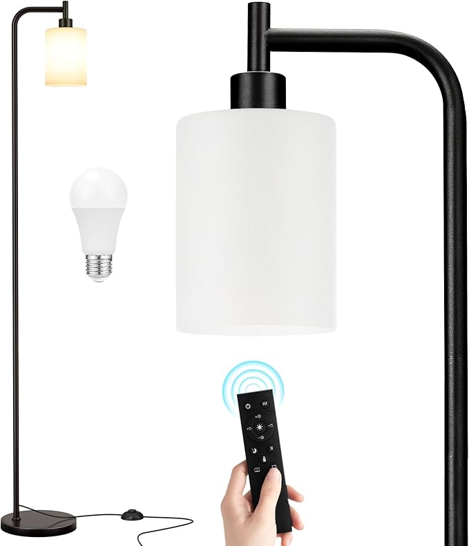 Floor Lamps for Living Room - Standing Lamp with Remote Control Glass Shade, Modern Floor Lamp with LED Bulbs, Bright Industrial Floor Lamp for Bedroom, Black Tall Lamp for Office