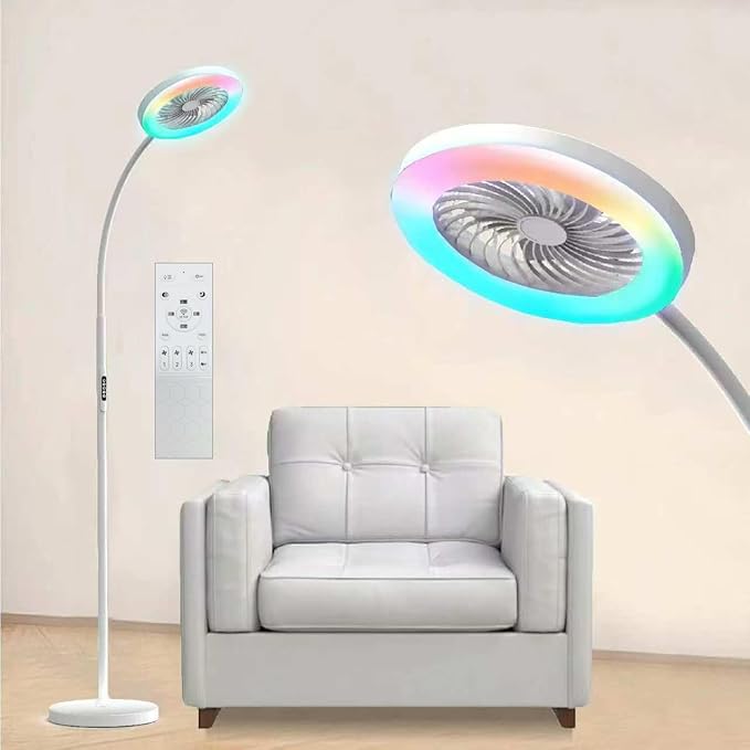 Pedestal Fan for Bedroom, Floor Lamp with Fan RGB 18w/1500lm, 3-Speed Stand Fan Stepless Adjustable 3000K-6000K Color and Dimmer, Remote and Button Control, Adjustable Gooseneck Gloor Lamp