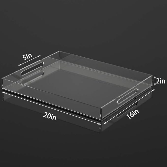 NIUBEE Acrylic Serving Tray 16x20 Inches -Spill Proof- Clear Decorative Tray Organiser for Ottoman Coffee Table Countertop with Handles