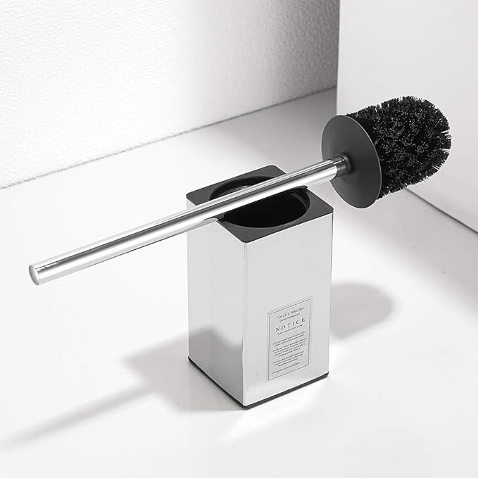 Freestanding Toilet Brush Holder for bathrooms 304 Stainless Steel Toilet Brush Stand Square Storage and Organization Rust Resistant 17-inch high Polished Chrome Finished