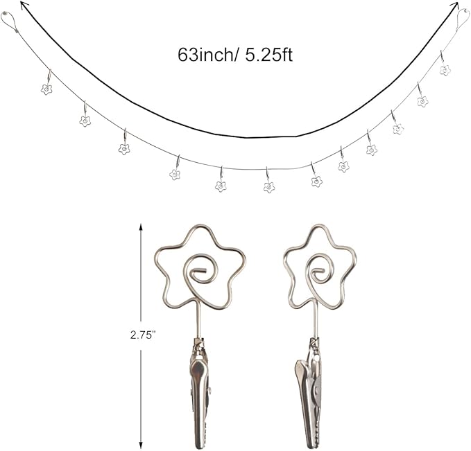 Multi-Purpose Steel Wall Hanging Photo Display Cable Wire Rod with 12 Adjustable Clips for Hanging Photos Notes Postcard and Artworks (Flower)