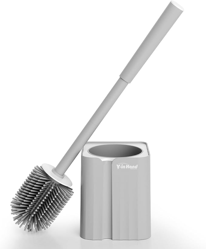 Toilet Brush and Holder Set, Silicone Toilet Bowl Cleaner Brush Bristles, Bathroom and RV Cleaning Tools, Space Saving Toilet Scrubber, Wall Mountable. (Grey)
