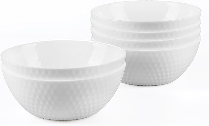27 OZ Max Cereal Soup Bowl Set of 6, Thin Light & Durable Opal Glass 7.2 inch White Geometric Faceted Bowls for Ramen, Noodle, Salad, Fruit, Dishwasher and Microwave Safe