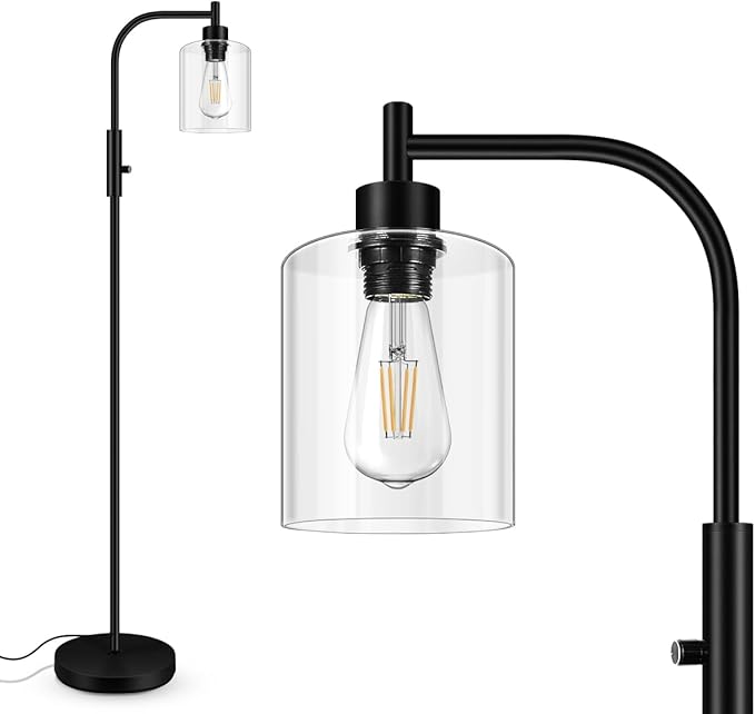 BoostArea Dimmable Floor Lamp, Standing Lamp with Glass Lampshade, 6W LED Bulb Included, Modern Standing Lamp, Bright LED Lamp for Living Room and Bedroom, Office