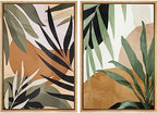 SIGNFORD Framed Canvas Print Wall Art Set Tropical Island Palm Leaf Geometric Collage Abstract Nature Illustrations Modern Art Decorative Minimalist Floral Botanical for Bedroom - 24"x36"x2 Natural