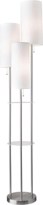 Adesso Trio Floor Lamp with Three Pull Chain Lights and Two-Tier Storage, Brushed Steel Base, White Linen Shades, 68” Tall, Enhances Room Decor and Lighting