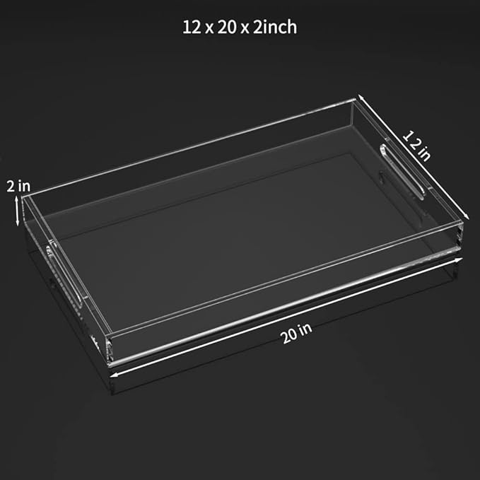 NIUBEE Acrylic Serving Tray 12x20 Inches -Spill Proof- Clear Decorative Tray Organiser for Ottoman Coffee Table Countertop with Handles