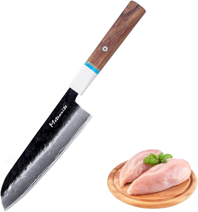 Santoku Knife 7in, Damascus Japanese Chef Knife, Professional Hand Forged Chef's Knives for Kitchen Cooking Meat Cleaver, Cutting Vegetables and Fruit, Razor-Sharp Chef's Knife with Gift Box, Black