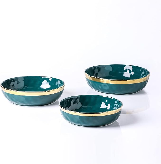 Stone Lain Florian Porcelain 3-Piece Round Shallow Bowl Service Set, Green with Gold Rim