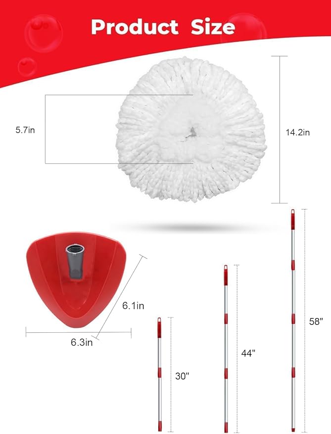 Spin Mop Replacement Head Compatible with O-Cedar EasyWring 1 Tank, 2 Microfiber Mop Refills, 30-58" Handle and 1 Base Set Combo (White,1 Tank System)