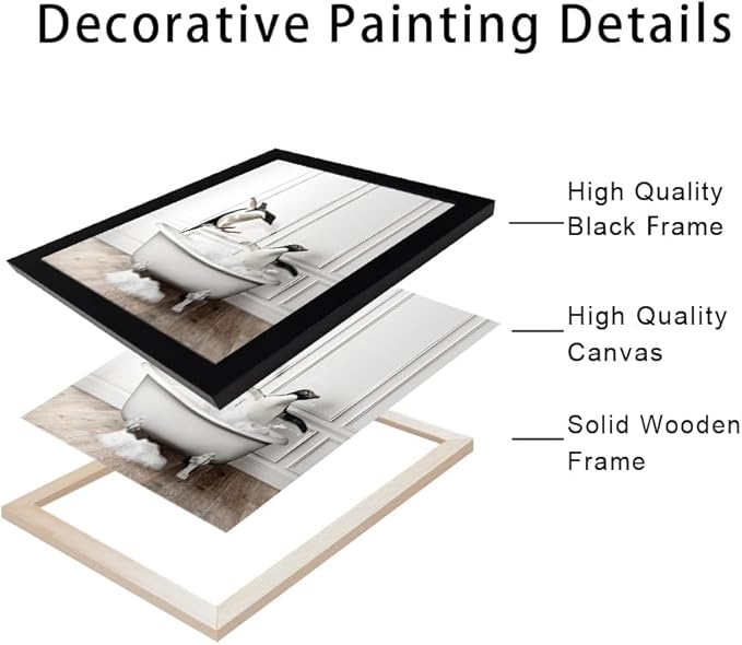 Kids Bathroom Wall Art Framed Black and White Animal Wall Art Cute Penguins in Bathtub Wall Decor Funny Farmhouse Print Pictures Painting for Bathroom