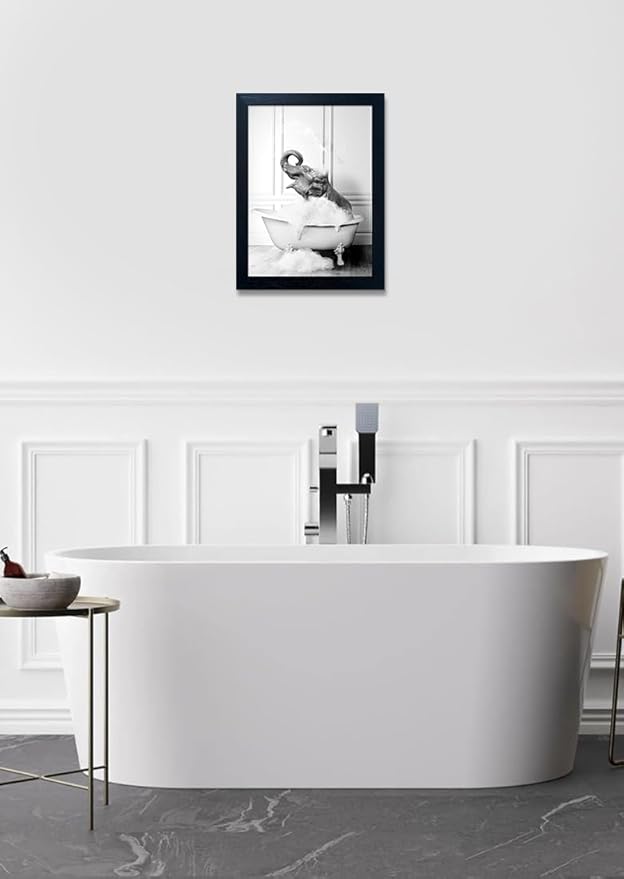 Framed Elephant Wall Art Black and White Bathroom Wall Decor Funny Animal Canvas Print Artworks for Bathroom