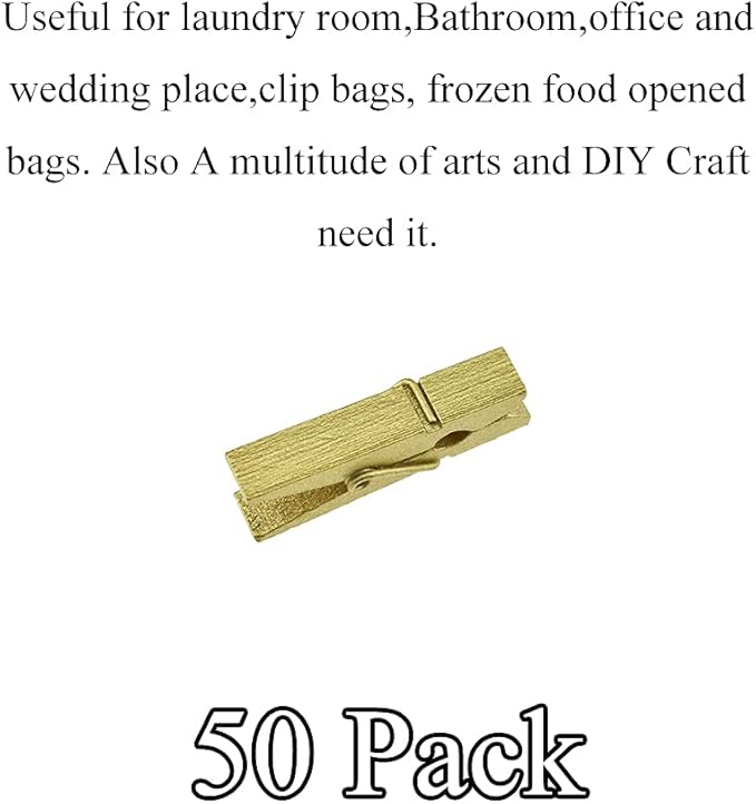 HAHIYO Gold Wooden Clothes Pins Clothespins Small Do NOT Fall Apart 1.38 inches Length 50 Pack Sturdy Strong Springs No Rust No Discoloration for Laundry Bathroom DIY Craft Photos Food Opened Bags