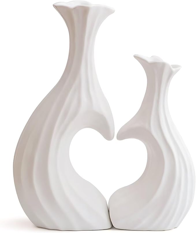 Ceramic Vases for Home Decor, Modern Heart Shaped Vase Set of 2, Matte Farmhouse Dried Fake Flowers Vase for Office, Living, Dining Room, Kitchen