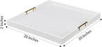 20x20 Inches Large White Faux Leather Wrapped Wood Ottoman Tray with Handles for All Occasions, Serving Food Breakfast on Bed, Home Decor Decorative, Living Room,Square Coffee Table Organizer