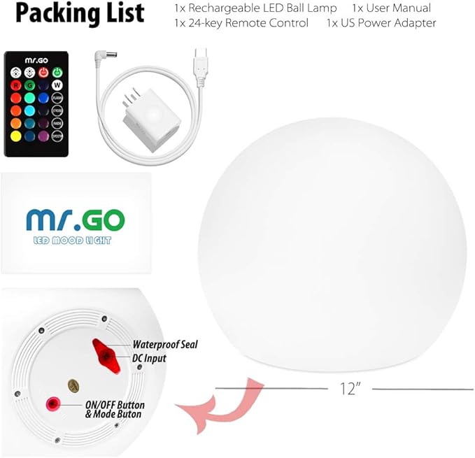 Mr.Go 12-inch Rechargeable LED Ball Light, RGB Color-Changing Globe Orb Lamp w/Remote, Home Kids Room Bedroom Bar Table Patio Pool Party Dimmable Sphere Nightlight Relax Mood Lighting Decoration