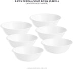 Corelle Vitrelle 6-Piece Soup/Cereal Bowl Set Triple Layer Glass and Chip Resistant, 18-Oz Lightweight Round Bowls, Winter Frost White