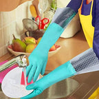Elgood Reusable Long Dishwashing Cleaning Gloves with Latex Free, Long Cuff,Cotton Lining,Kitchen Gloves 2 Pairs,Purple+Blue Medium