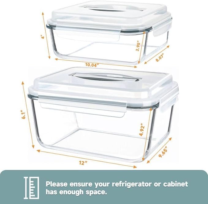 KOMUEE 203oz & 74oz Extra Large Glass Food Storage Containers with Lids, 2 Piece Airtight Big Glass Containers, Leak-proof, BPA-Free Lids with Carry Handle, Freezer Safe