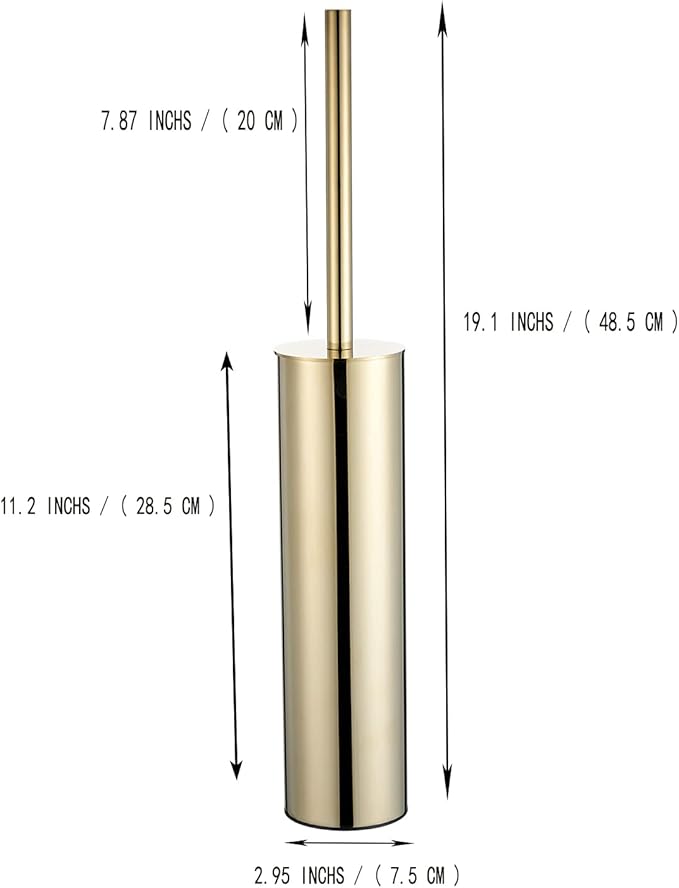 Freestanding Luxury Toilet Brush 304 Stainless Steel Toilet Brush and Holder 19-Inches Tall Round Rust Resistant Anti-Odor and Easy to Clean with Polished Gold Finished