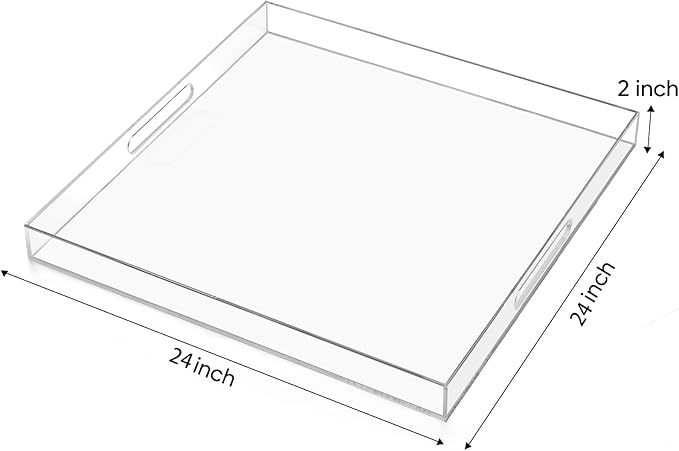 24×24 inches Oversized Clear Acrylic Ottoman Tray Extra Large Decorative Tray Spill-Proof Serving Trays with Handles King-Size Safe Edge Organizer for Coffee Table Countertop Breakfast