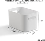 8 Pack White Storage Bins for Shelves, Plastic Storage Containers for Organizing, Stackable Storage Boxes with Handle, Storage Bins White for Classroom, Craft, Snacks, Cabinet, 9.7x6.7x5.7 inch