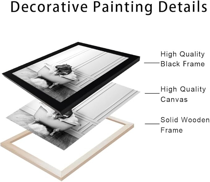 Framed Bathroom Decor Wall Art Black and White Canvas Print Cute Hippo in Bathtub Wall Art Bathrom Painting for Wall