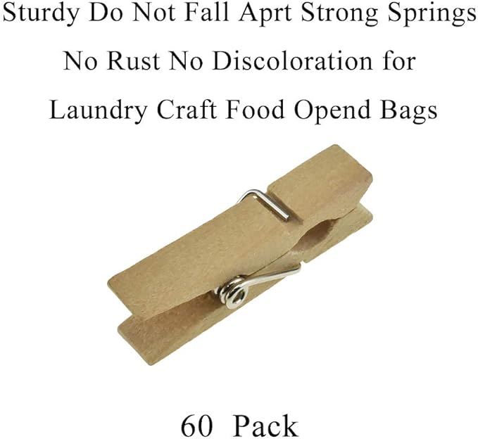 HAHIYO Wooden Clothes Pins Clothespins Small Do NOT Fall Apart 1.38 inches Length 60 Pack Sturdy Strong Springs No Rust No Discoloration for Laundry Bathroom DIY Craft Photos Food Opened Bags