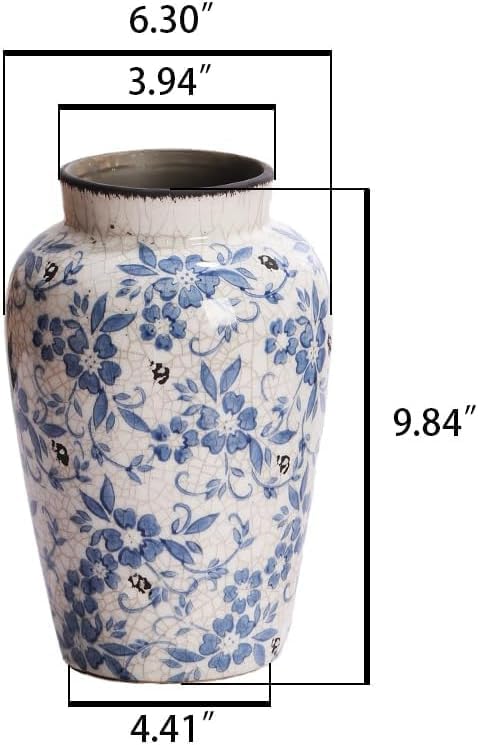Decorative 10 inch Ceramic Flower Vase, Blue and White Floral Pattern, Crackle Glaze Finish