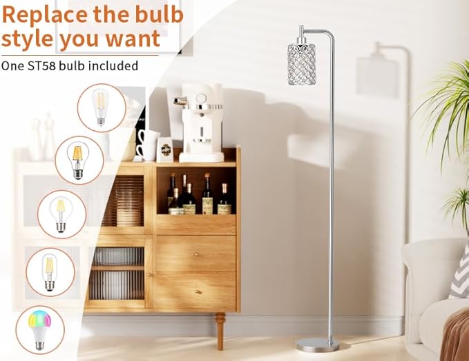 Crystal Floor Lamp - Industrial Modern Standing Lamps with LED Bulb for Living Room Bedroom Office - Silver