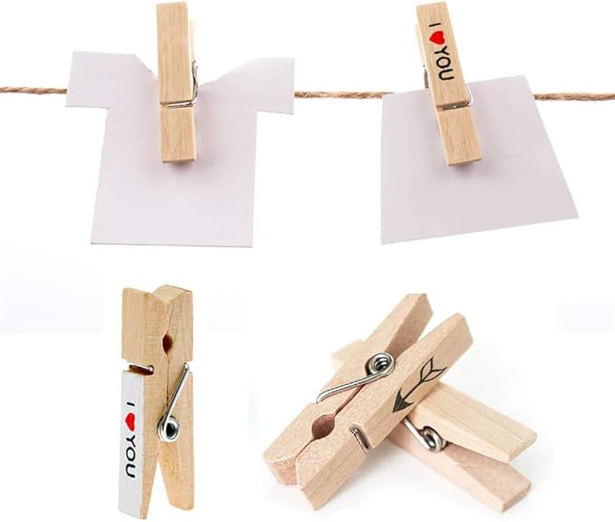 Mini Clothespins, Mini Clothes Pins for Photo, 100 Pack Wooden Small Clothes Pin with 32 FT Jute Twine String, Tiny Decorative Clothespin for Little Baby Shower Photos Clips Pictures Crafts Display